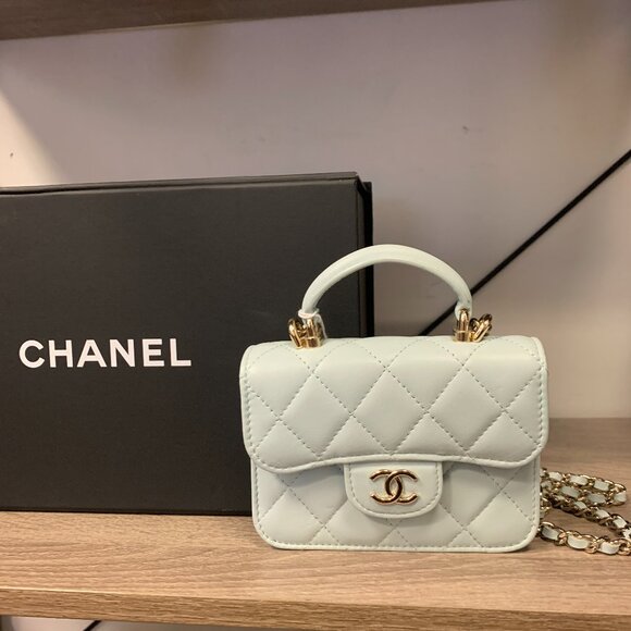 81957 Chanel Light Blue Leather Top Handle Flap Coin Purse with Chain - Picture 1 of 8